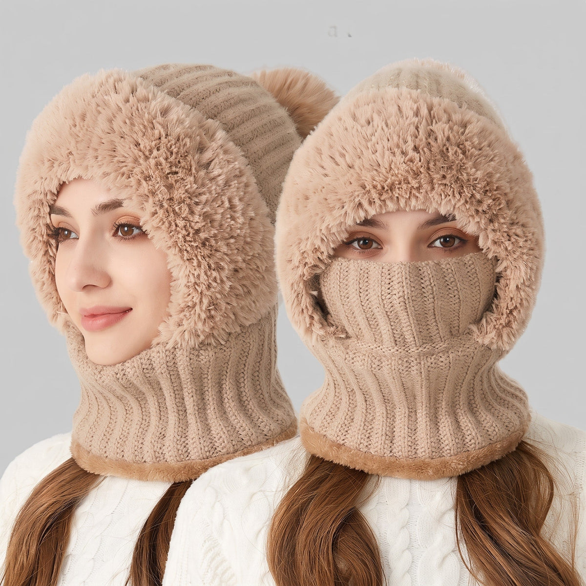 Hannah - Women's Pom-Pom Hooded Balaclava Hat with Scarf - Balaclavas - Brown - Sarvento