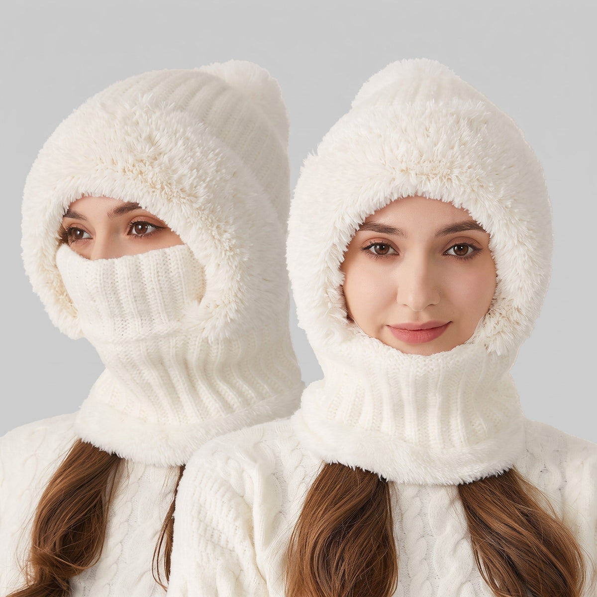 Hannah - Women's Pom-Pom Hooded Balaclava Hat with Scarf - Balaclavas - White - Sarvento
