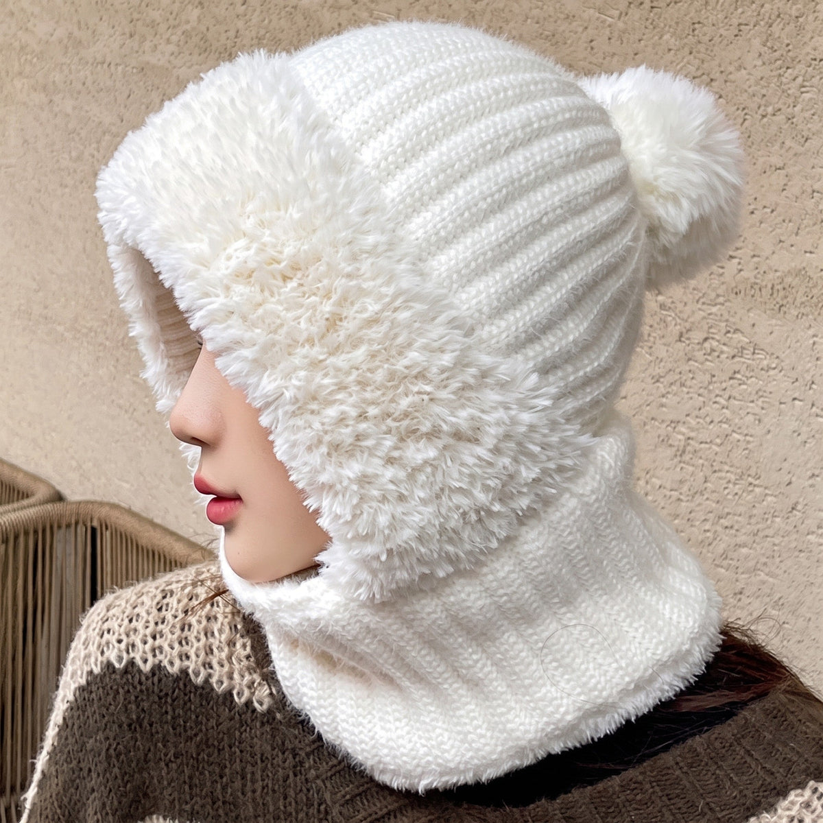 Hannah - Women's Pom-Pom Hooded Balaclava Hat with Scarf - Balaclavas - White - Sarvento