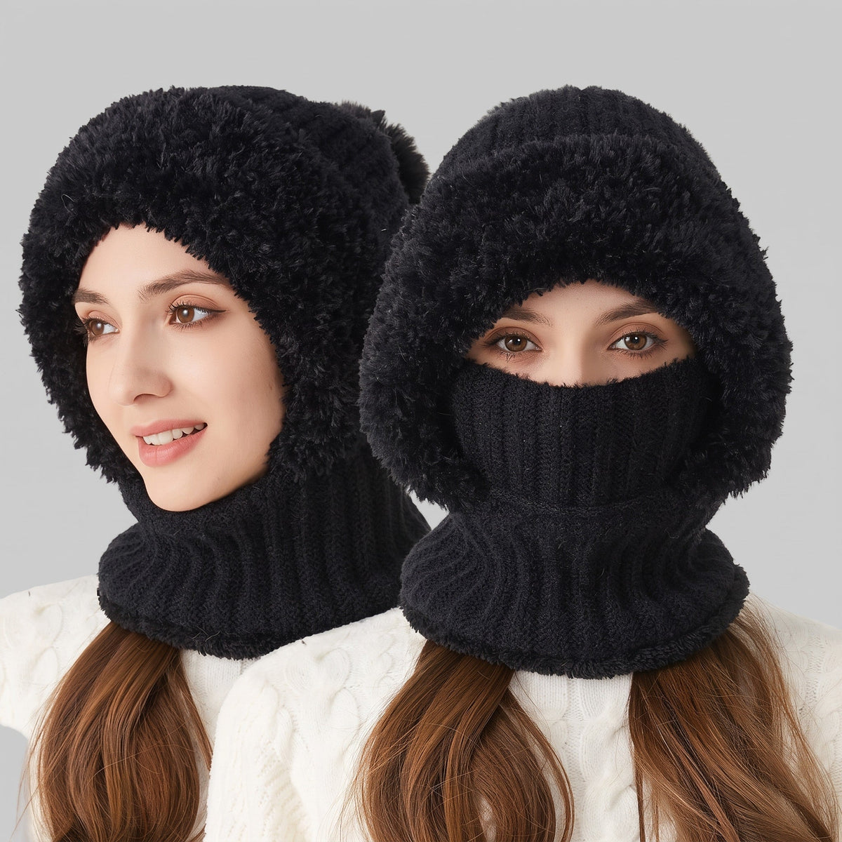 Hannah - Women's Pom-Pom Hooded Balaclava Hat with Scarf - Balaclavas - Black - Sarvento