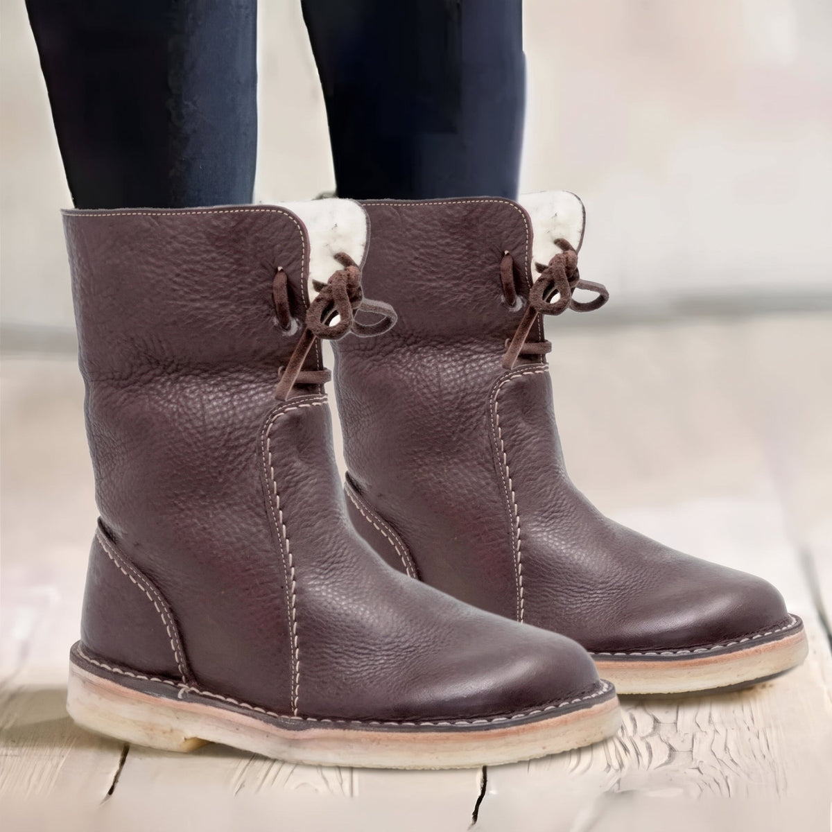 Harper - Women's Shearling Trim Lace-Up Slouch Snow Boots - Boots - Dark Brown - Sarvento