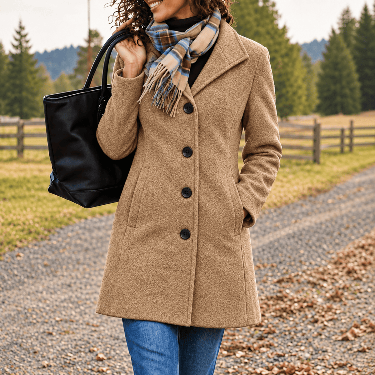Harper - Women's Tailored Longline Wool-Look Coat with Button Front - Overcoats - Khaki - Parker&Brooks
