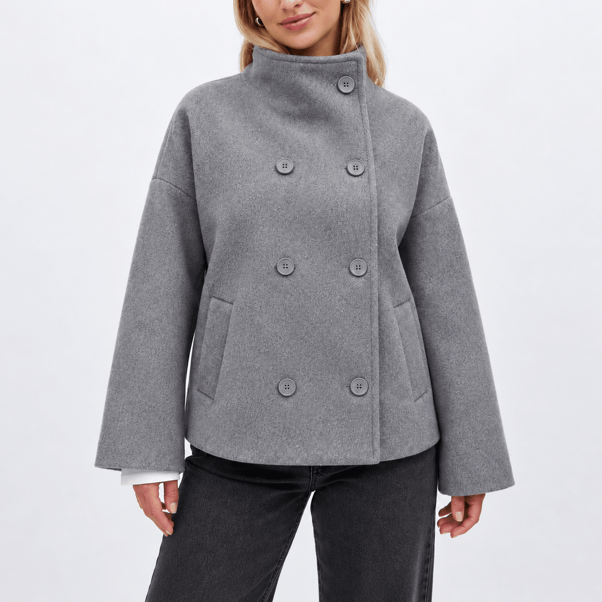 Harriet – Women’s Oversized Wide Collar Double-Breasted Cropped Jacket - Pea Coats - Gray - Sarvento