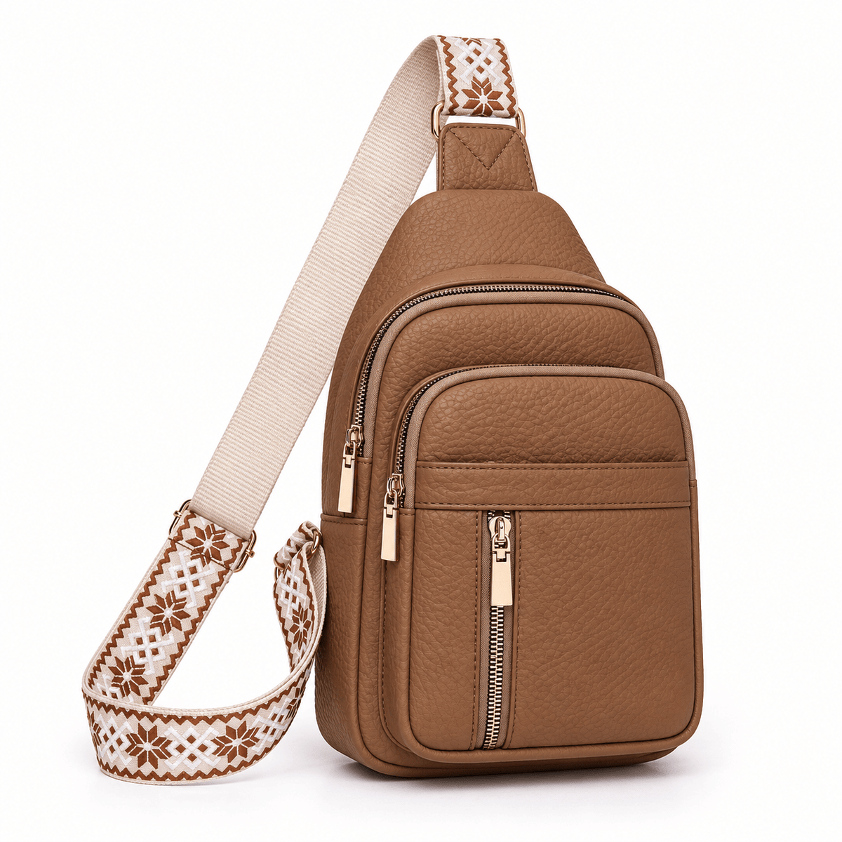 Hazel - Women's Multi-Pocket Sling Bag with Woven Guitar Strap - Cross Body Bags - Khaki - Sarvento