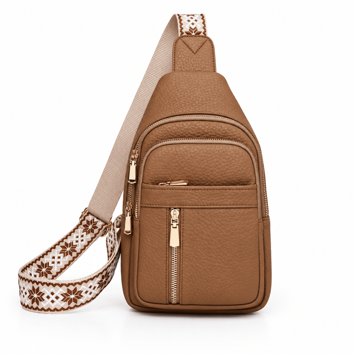 Hazel - Women's Multi-Pocket Sling Bag with Woven Guitar Strap - Cross Body Bags - Khaki - Sarvento