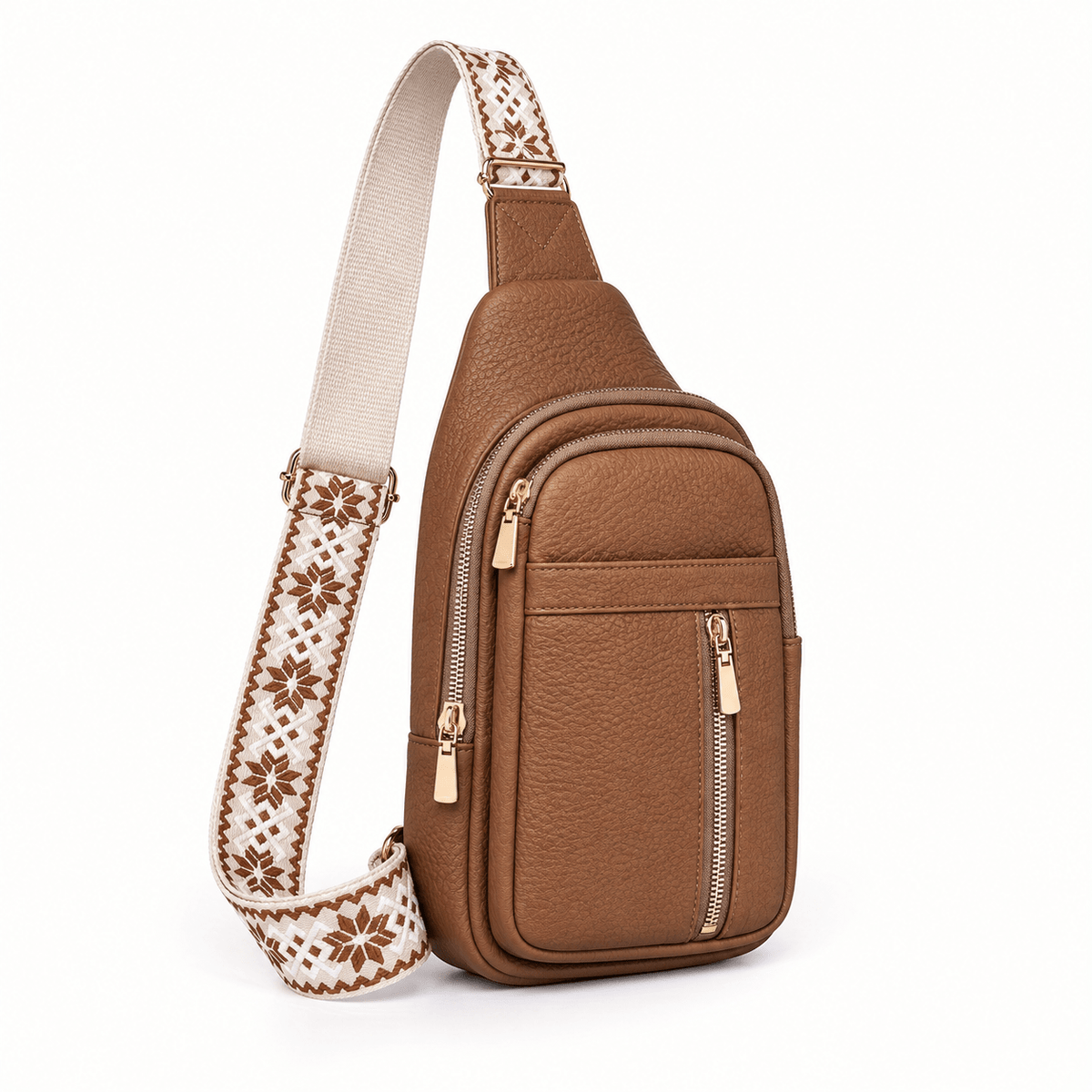 Hazel - Women's Multi-Pocket Sling Bag with Woven Guitar Strap - Cross Body Bags - Khaki - Sarvento