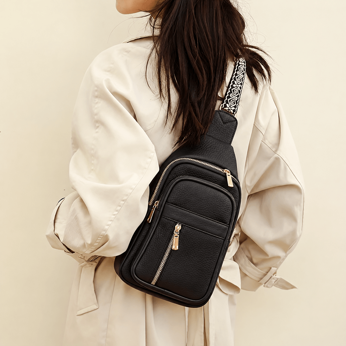 Hazel - Women's Multi-Pocket Sling Bag with Woven Guitar Strap - Cross Body Bags - Black - Sarvento