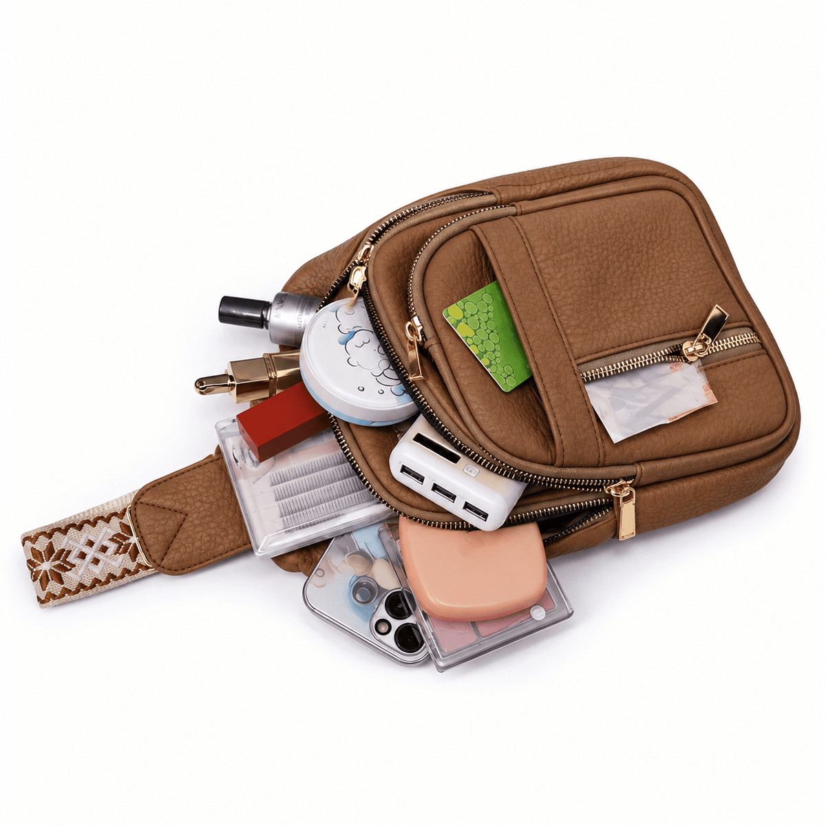 Hazel - Women's Multi-Pocket Sling Bag with Woven Guitar Strap - Cross Body Bags - Khaki - Sarvento