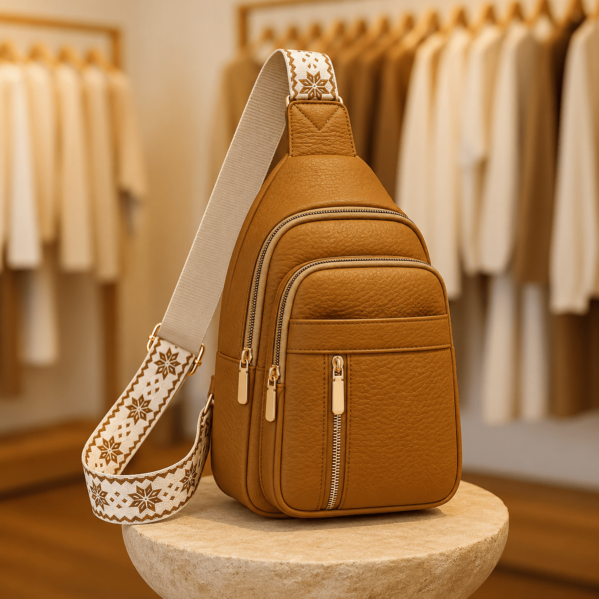 Hazel - Women's Multi-Pocket Sling Bag with Woven Guitar Strap - Cross Body Bags - Khaki - Sarvento