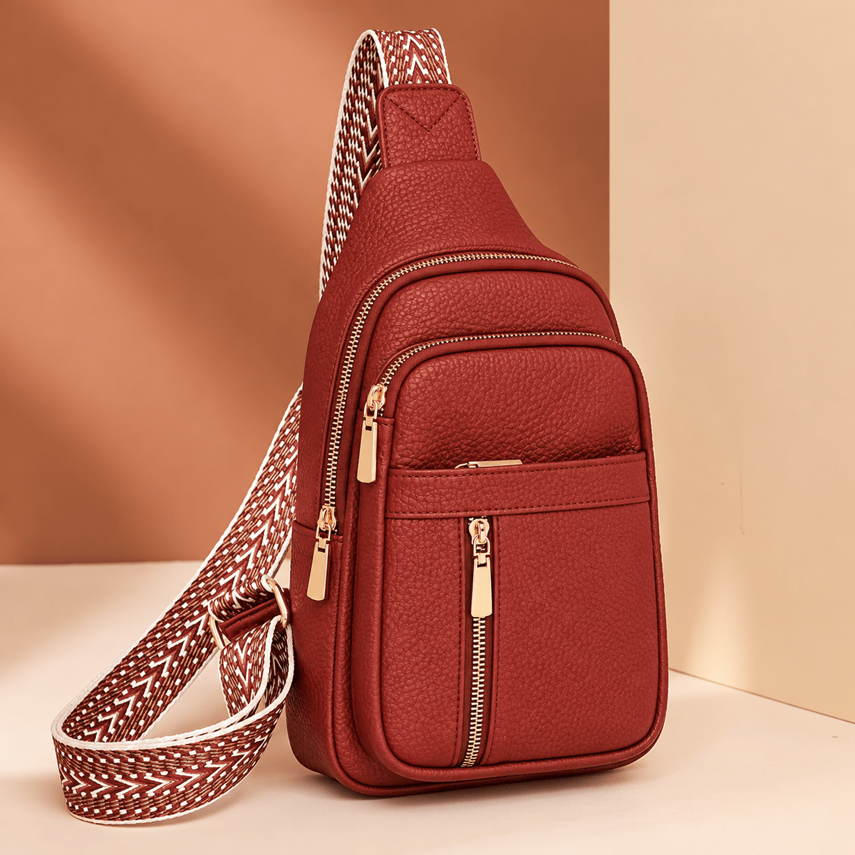 Hazel - Women's Multi-Pocket Sling Bag with Woven Guitar Strap - Cross Body Bags - Red - Sarvento