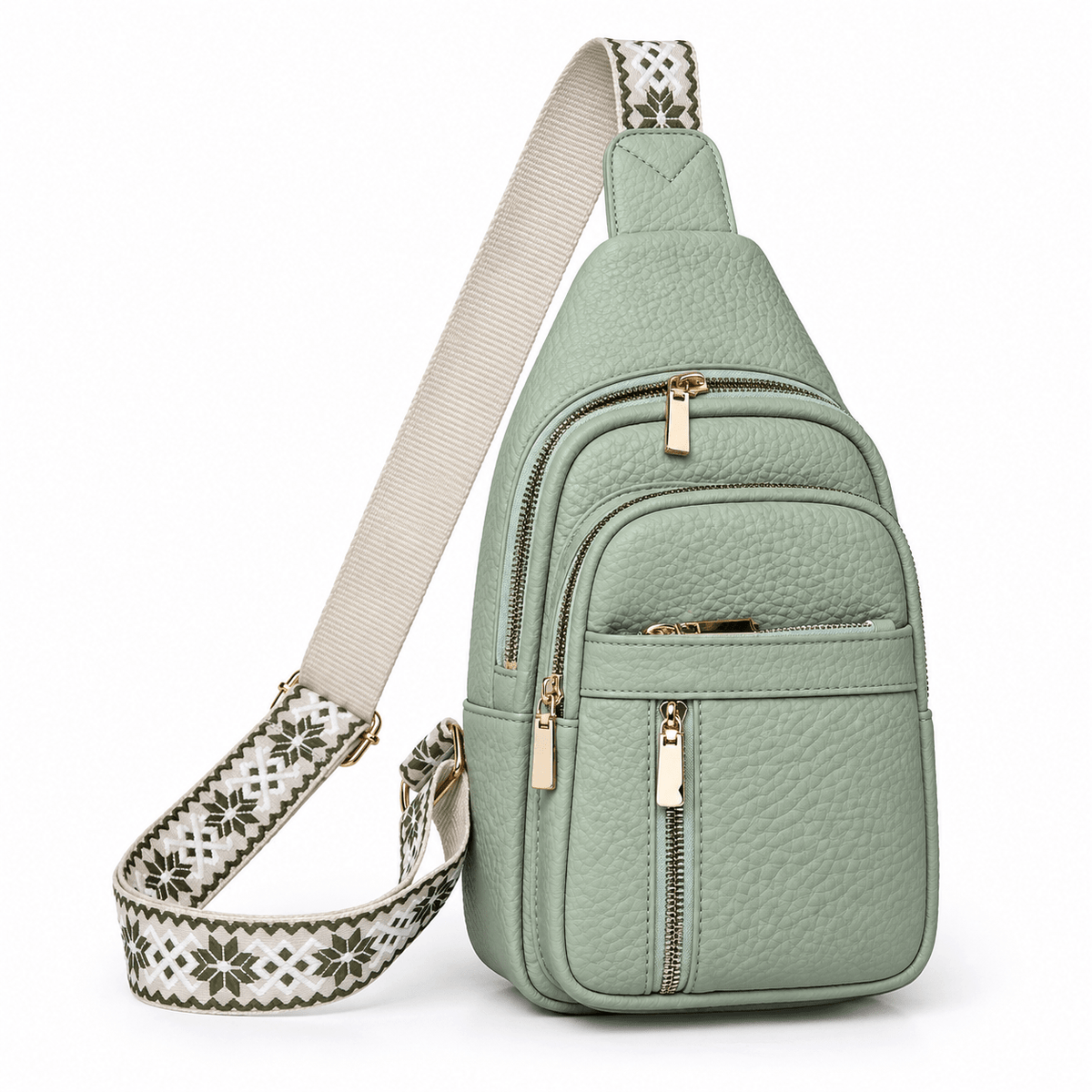 Hazel - Women's Multi-Pocket Sling Bag with Woven Guitar Strap - Cross Body Bags - Light Green - Sarvento