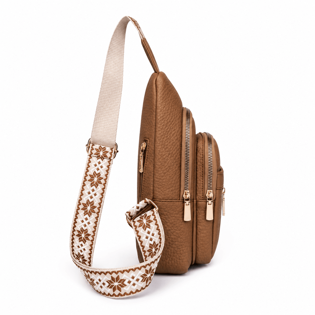 Hazel - Women's Multi-Pocket Sling Bag with Woven Guitar Strap - Cross Body Bags - Khaki - Sarvento