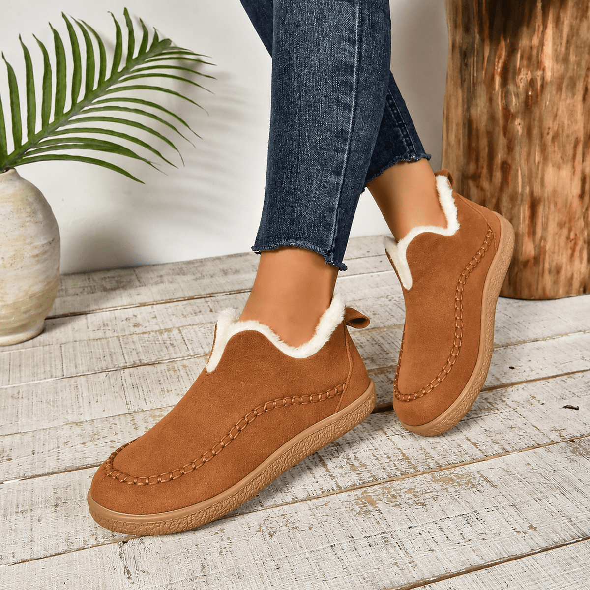 Hazel – Women’s Orthopaedic Faux Fur Lined Stitched Trim Moccasin Slippers - Slippers - Caramel - Sarvento