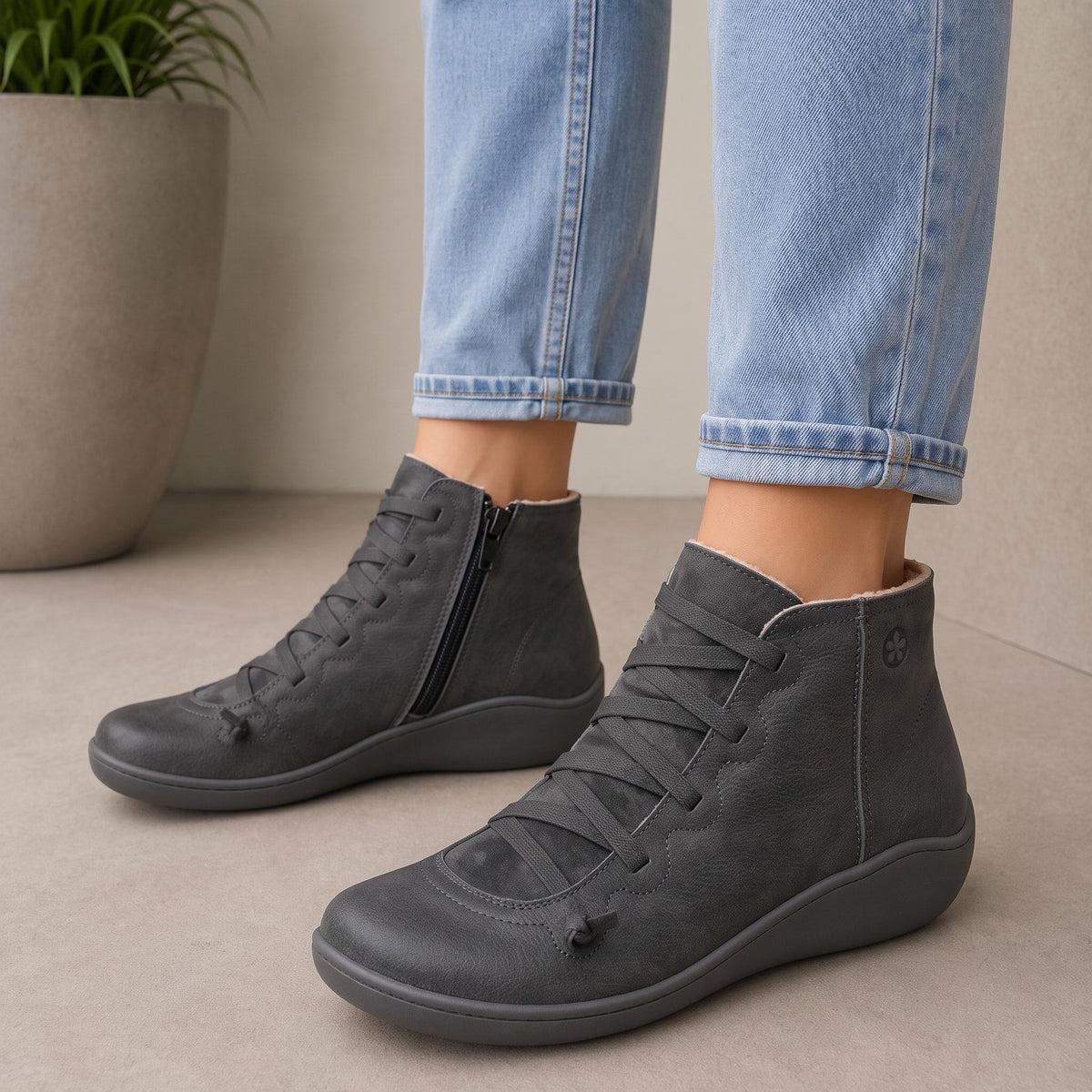 Hazel - Women's Orthopedic Lace-Up Ankle Boots with Side Zip - Boots - Black - Sarvento