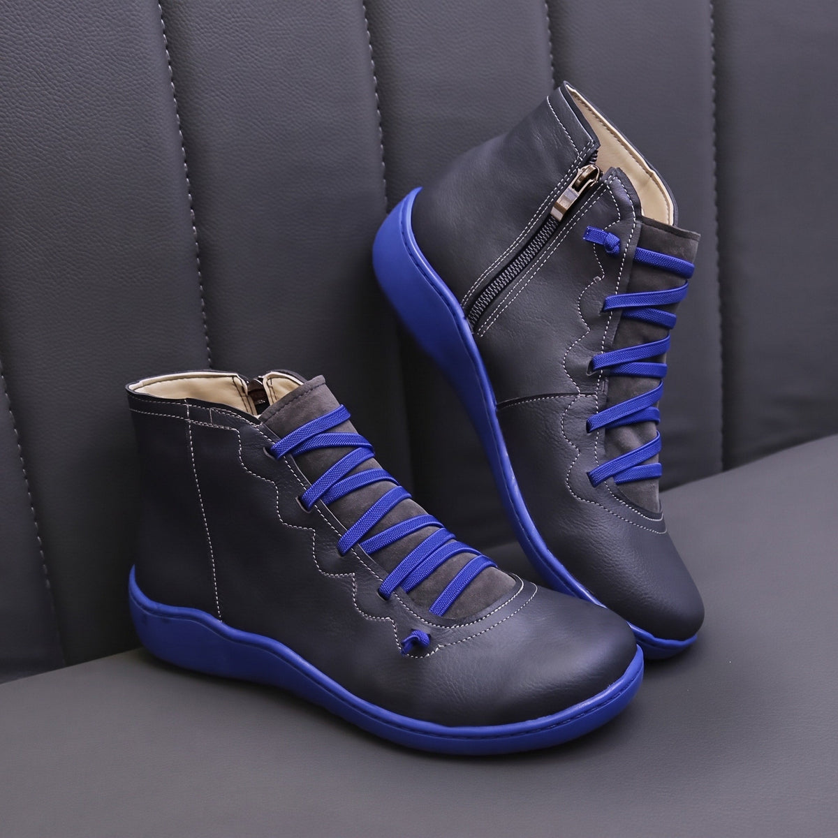Hazel - Women's Orthopedic Lace-Up Ankle Boots with Side Zip - Boots - Blue - Sarvento