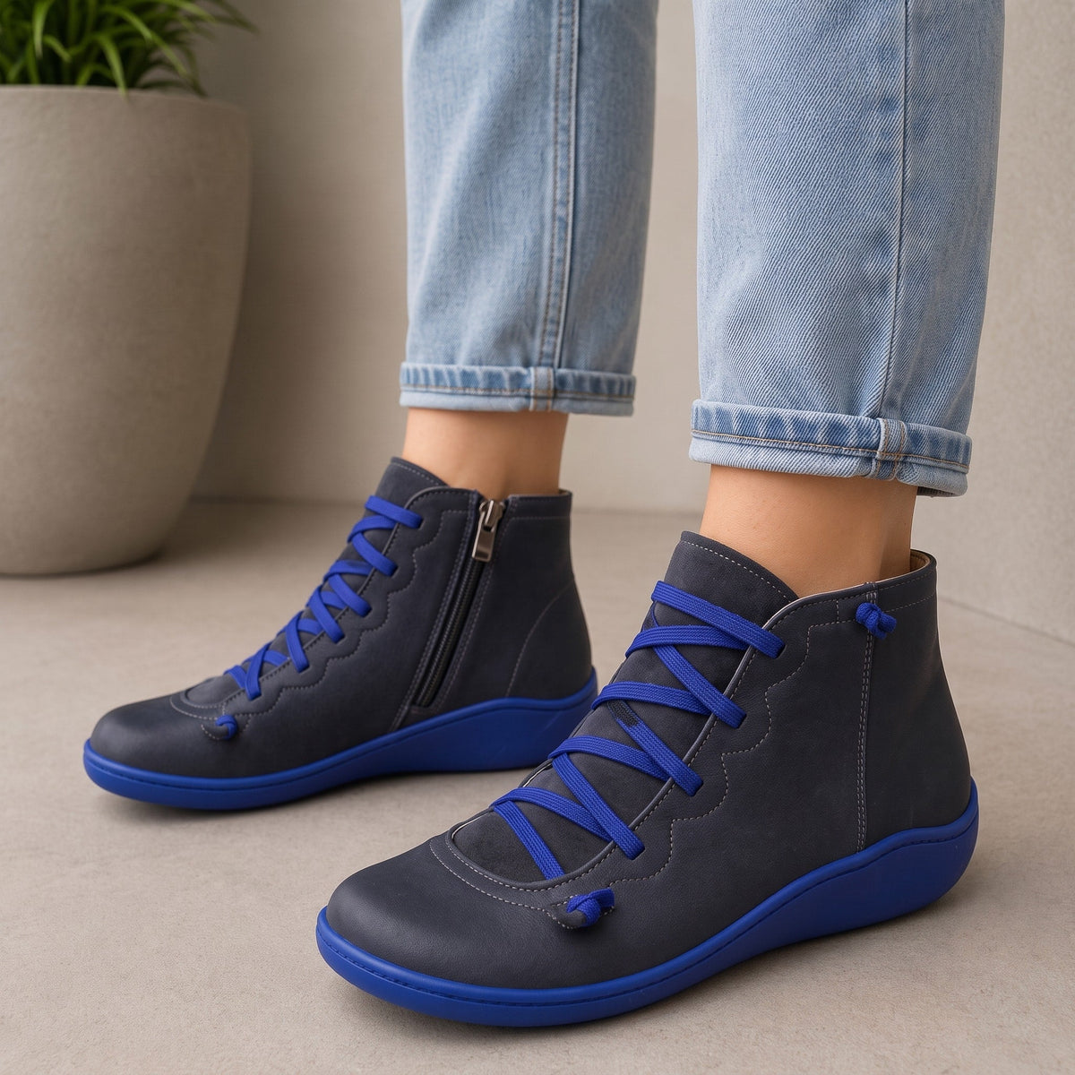 Hazel - Women's Orthopedic Lace-Up Ankle Boots with Side Zip - Boots - Blue - Sarvento
