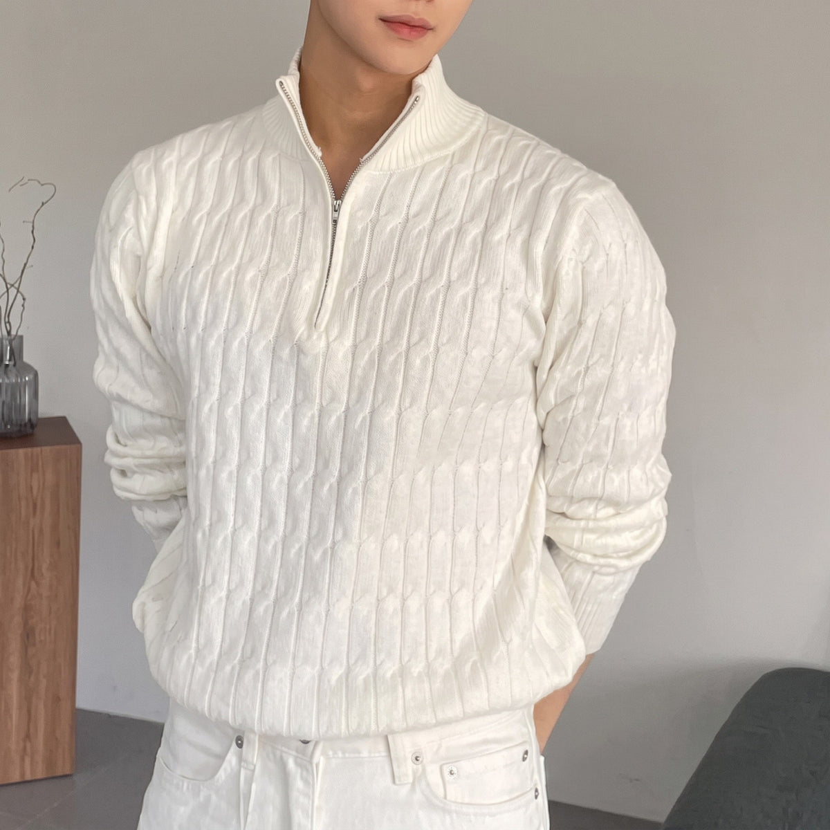 Henry - Men's Cable Knit Quarter-Zip Sweater with Stand Up Collar - Sweaters - White - Sarvento