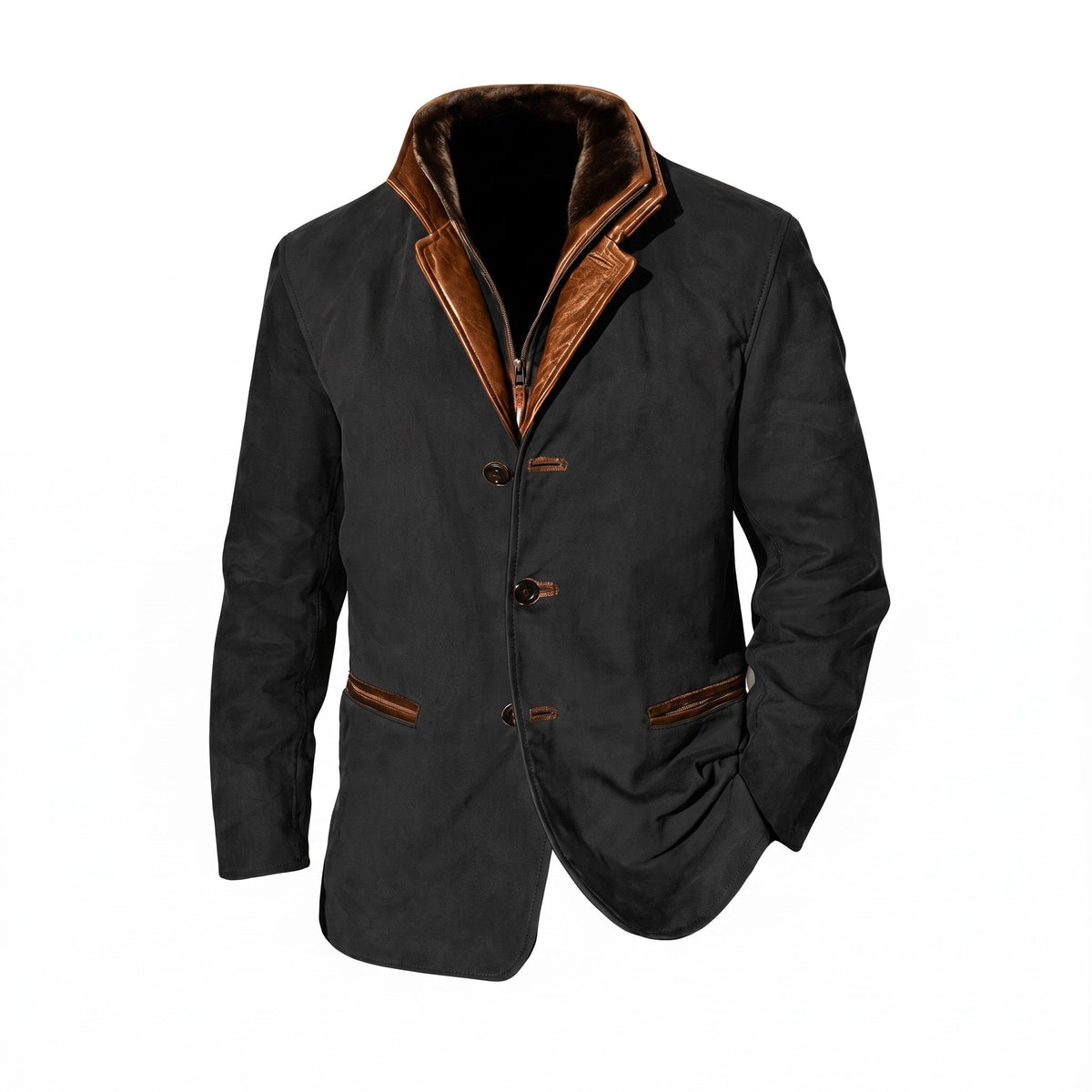 Hudson - Men's Tailored Button-Front Jacket with Contrast Stand Collar - Blazers - Black - Sarvento