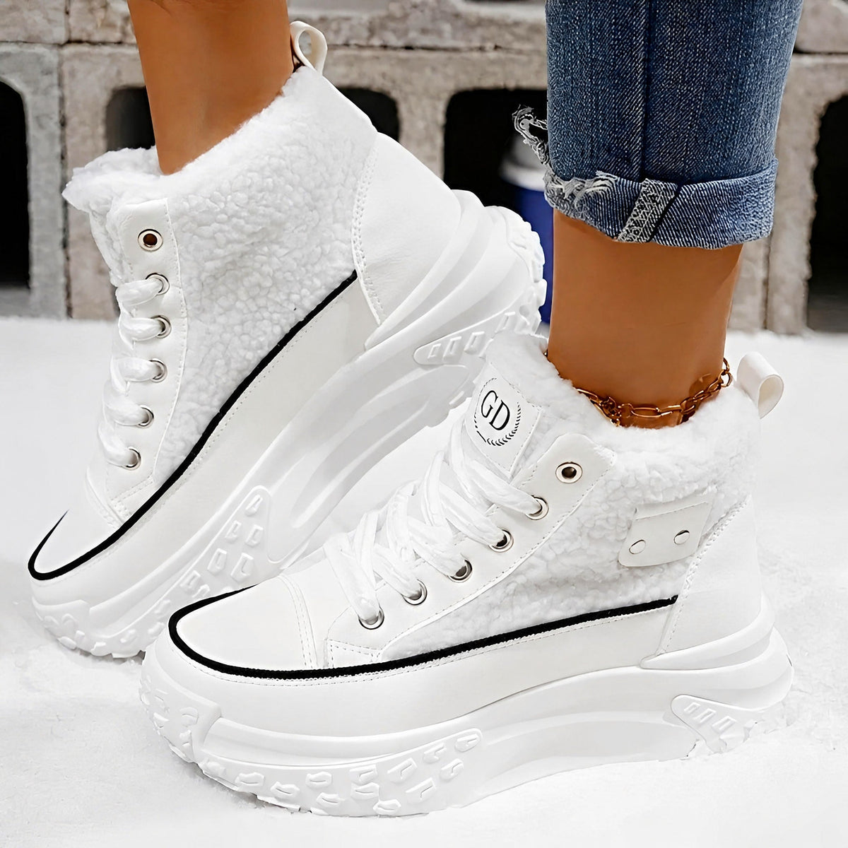 Irene - Women's Sherpa-Trim High-Top Sneaker Boots - Boots - White - Parker&Brooks