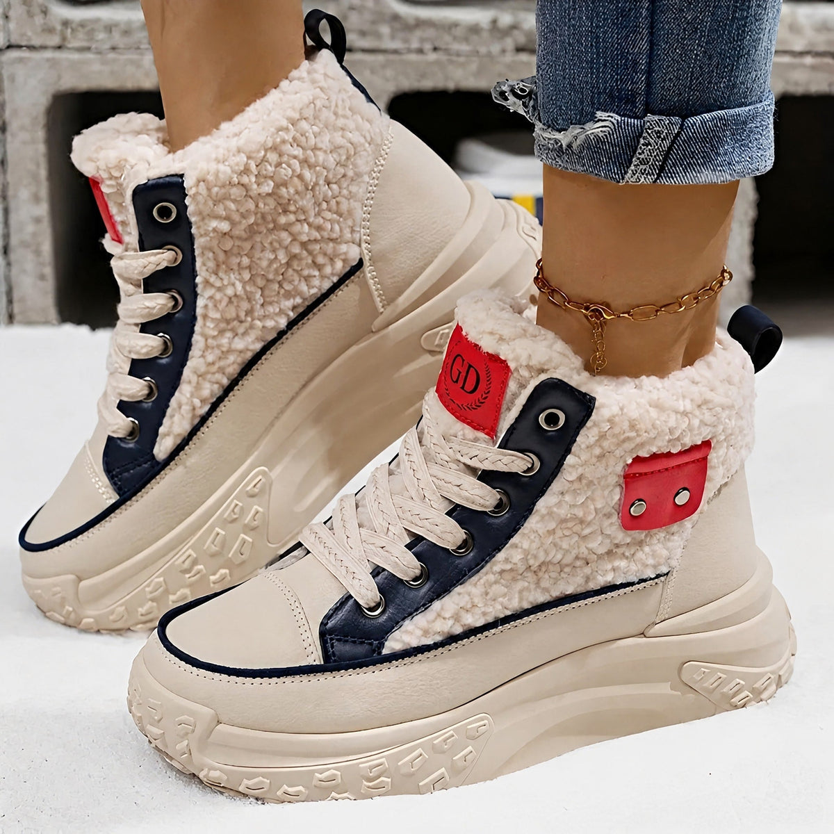 Irene - Women's Sherpa-Trim High-Top Sneaker Boots - Boots - Navy Blue - Parker&Brooks