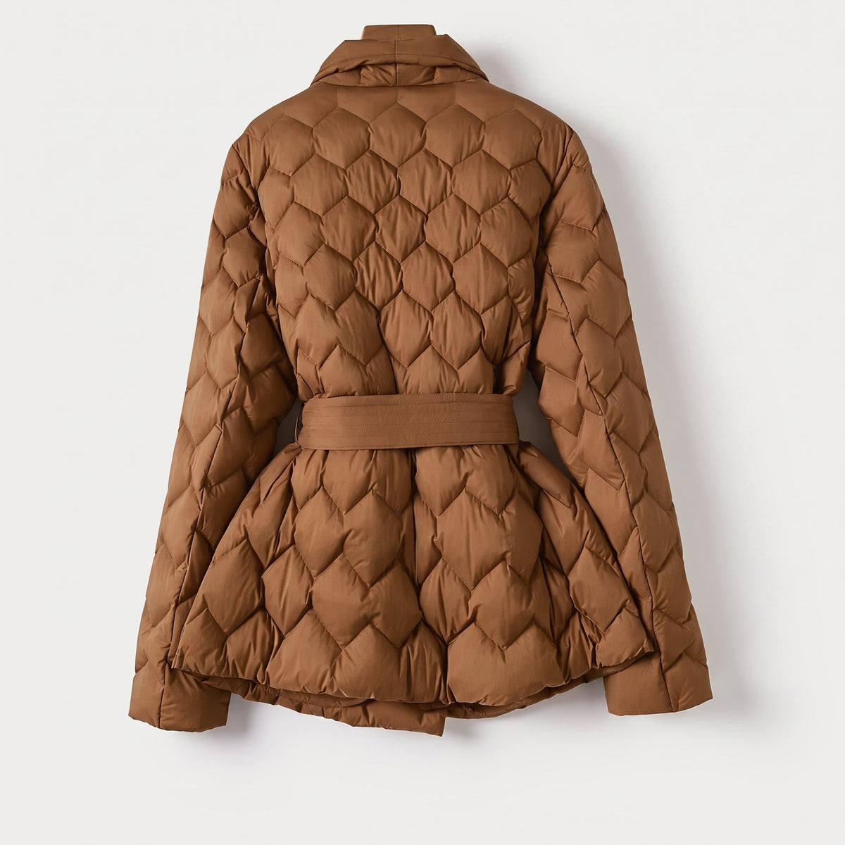 Isabella - Women's Quilted Belted Puffer Jacket with Shawl Collar - Puffer Jacket - Brown - Parker&Brooks