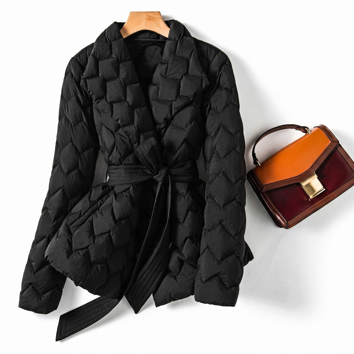Isabella - Women's Quilted Belted Puffer Jacket with Shawl Collar - Puffer Jacket - Black - Parker&Brooks