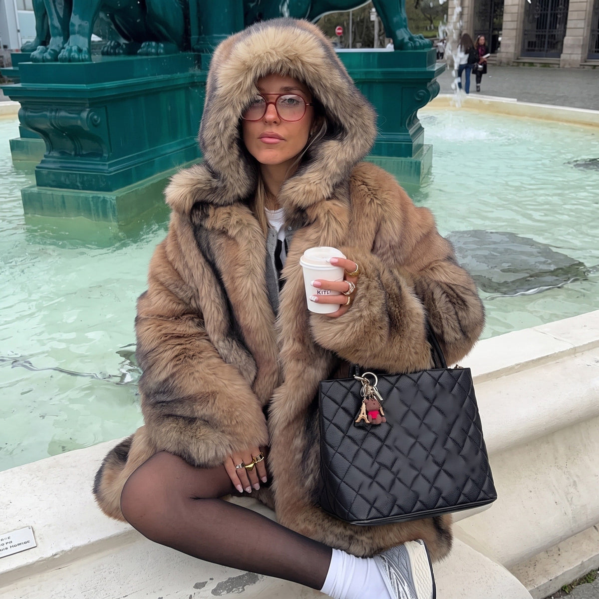 Isabelle - Women's Hooded Longline Faux Fur Coat with Single-Breasted Button Closure - Coats & Jackets - Brown - Sarvento