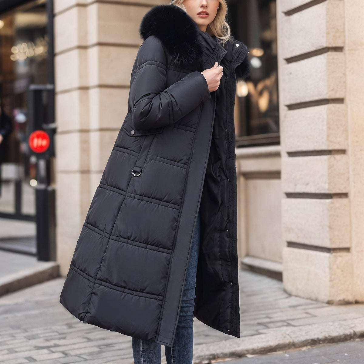 Isabelle - Women's Long Hooded Puffer Parka with Faux Fur Trim - Coats & Jackets - Black - Sarvento