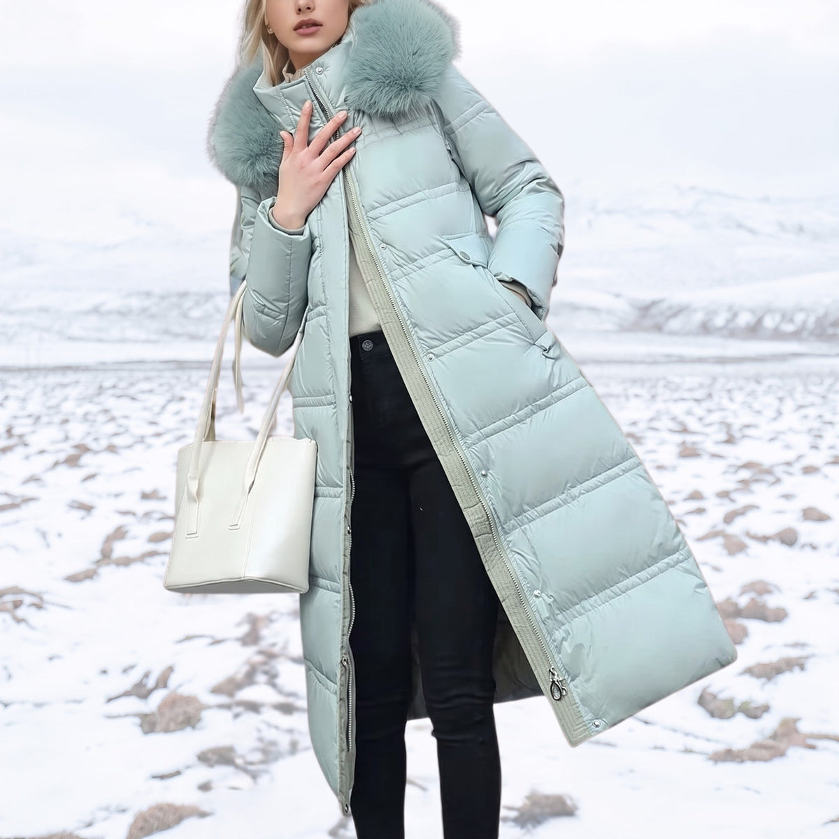 Isabelle - Women's Long Hooded Puffer Parka with Faux Fur Trim - Coats & Jackets - Light Blue - Sarvento