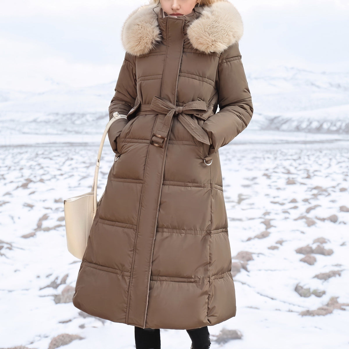 Isabelle - Women's Long Hooded Puffer Parka with Faux Fur Trim - Coats & Jackets - Brown with Beige - Sarvento