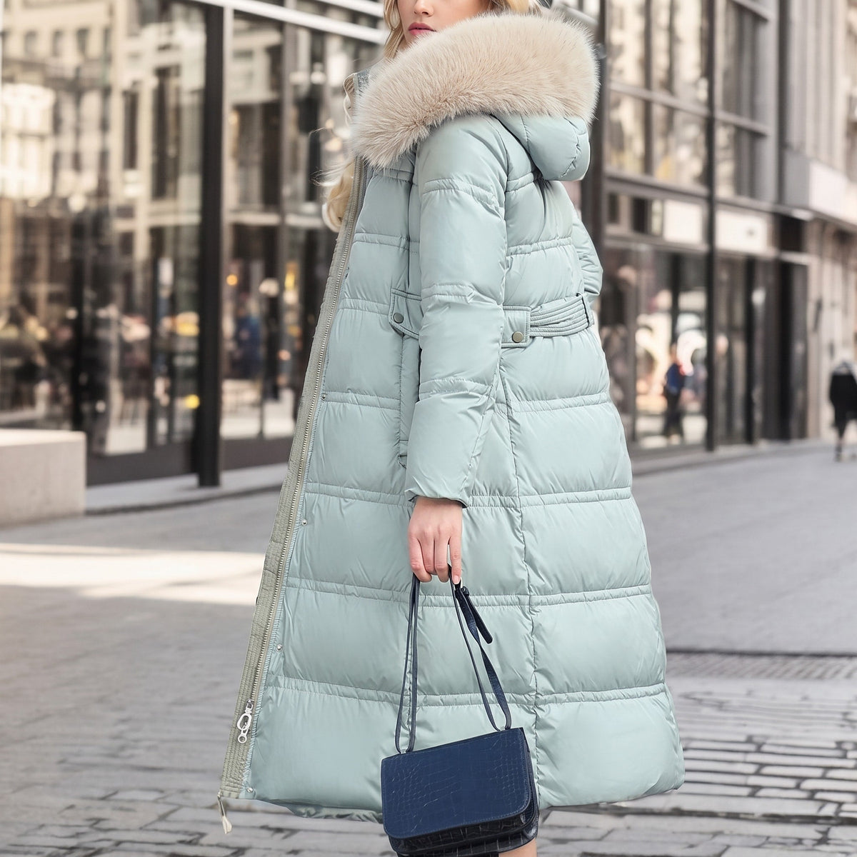 Isabelle - Women's Long Hooded Puffer Parka with Faux Fur Trim - Coats & Jackets - Light Blue with Beige - Sarvento