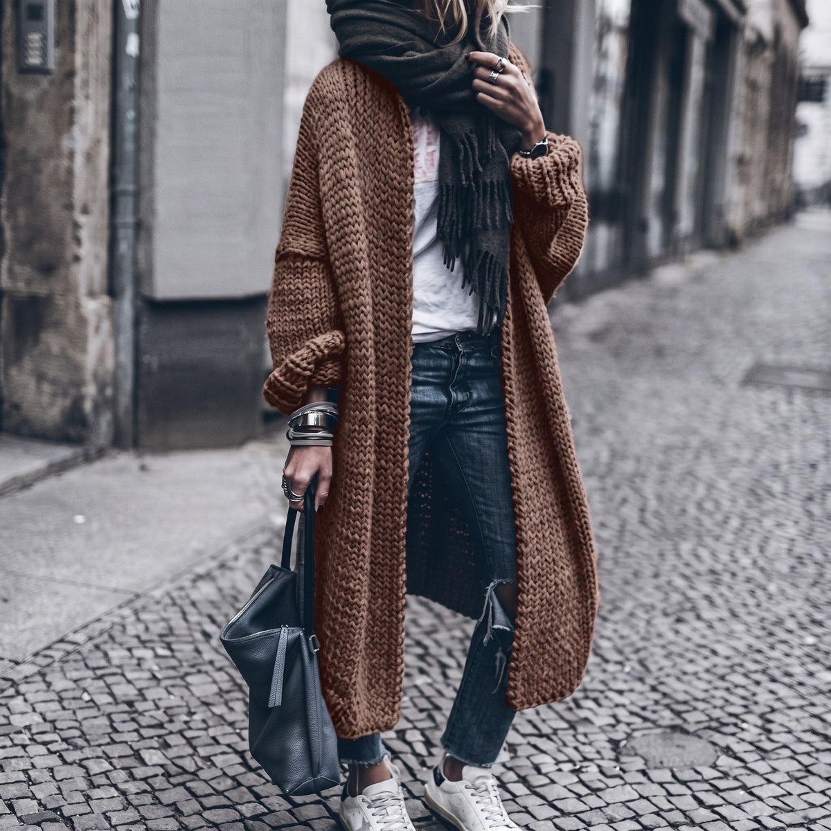 Isabelle - Women's Longline Open Front Oversized Chunky Knit Cardigan - Cardigans - Blue - Sarvento