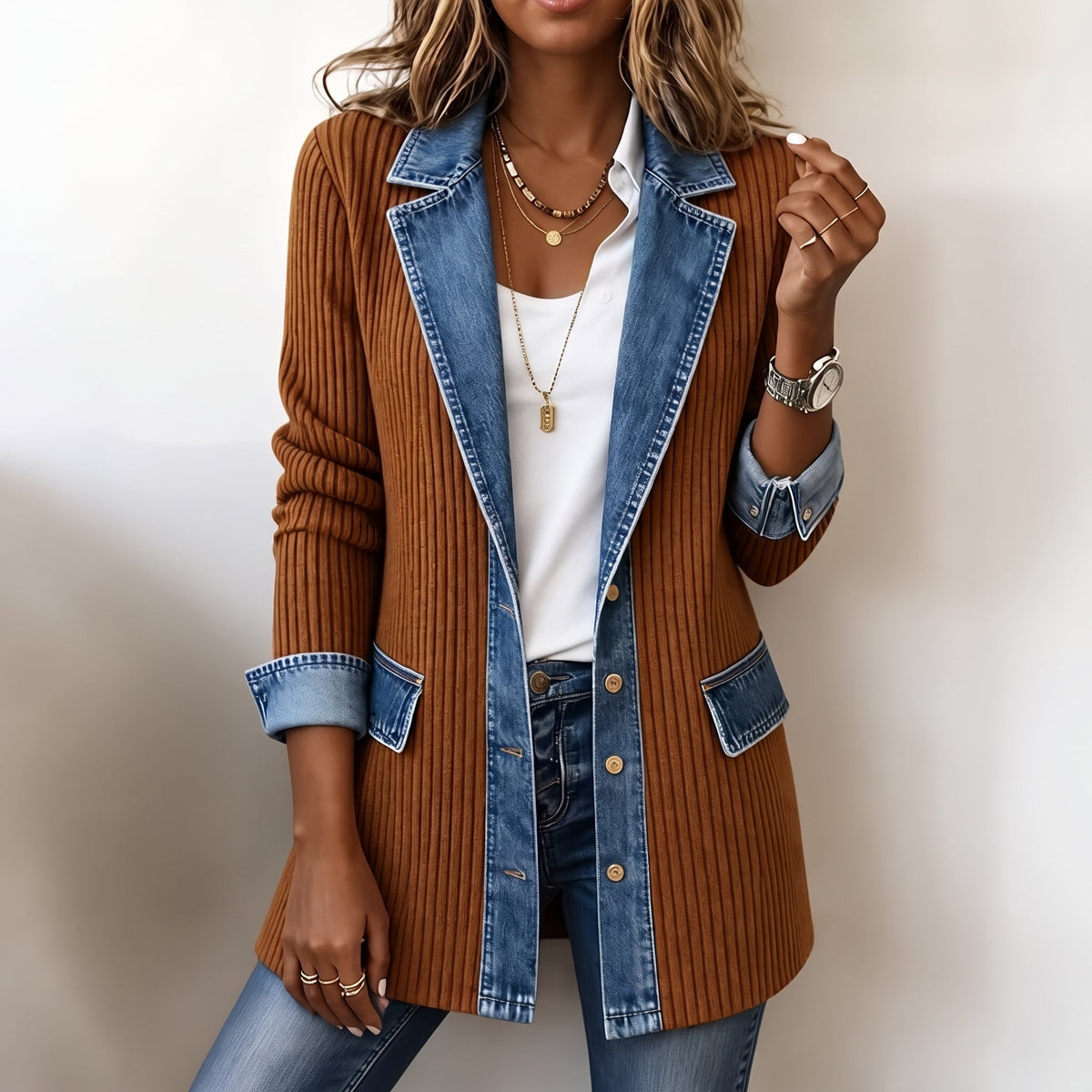 Isabelle – Women’s Longline Ribbed Knit Cardigan with Denim Collar Trim - Cardigans - Brown - Sarvento