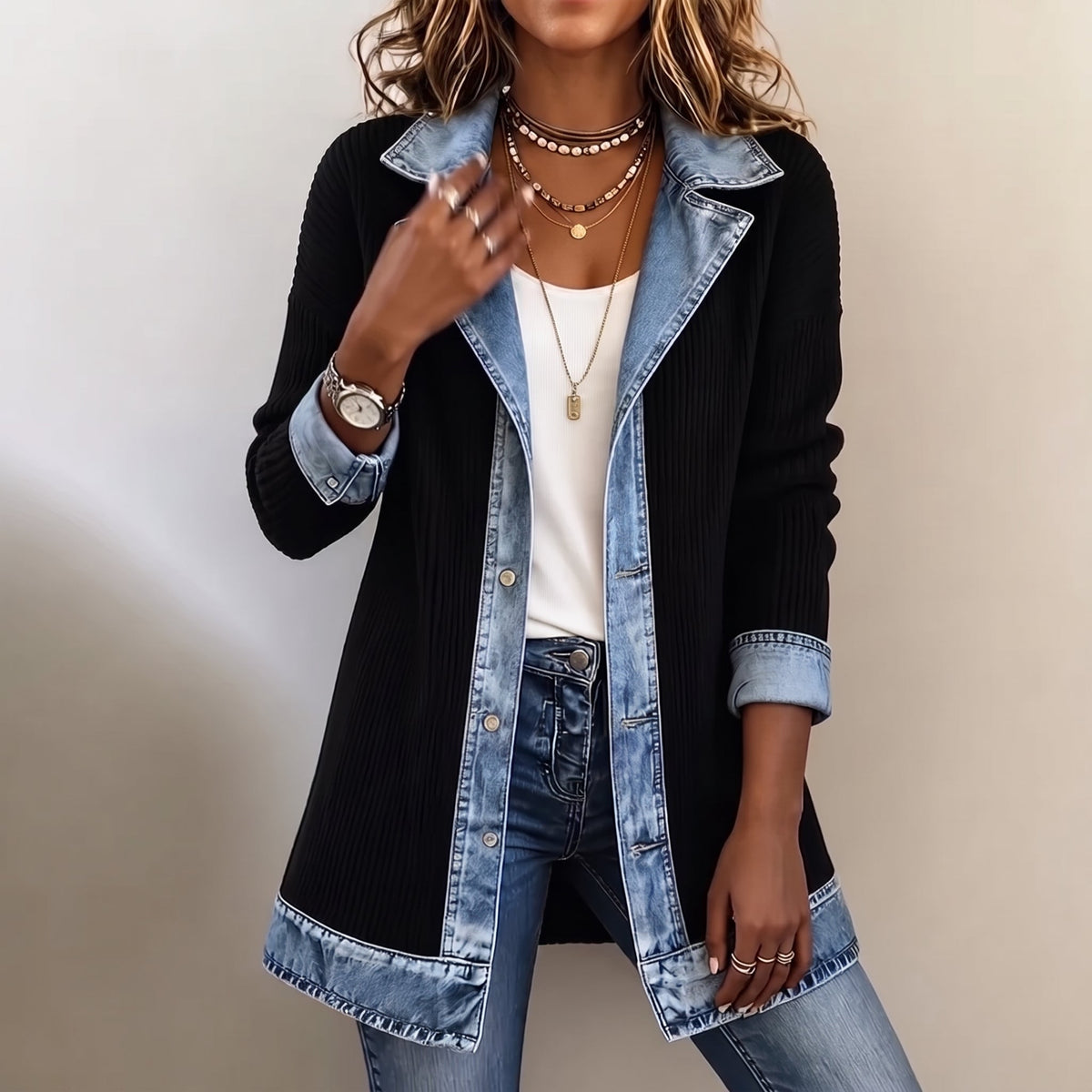 Isabelle – Women’s Longline Ribbed Knit Cardigan with Denim Collar Trim - Cardigans - Black - Sarvento