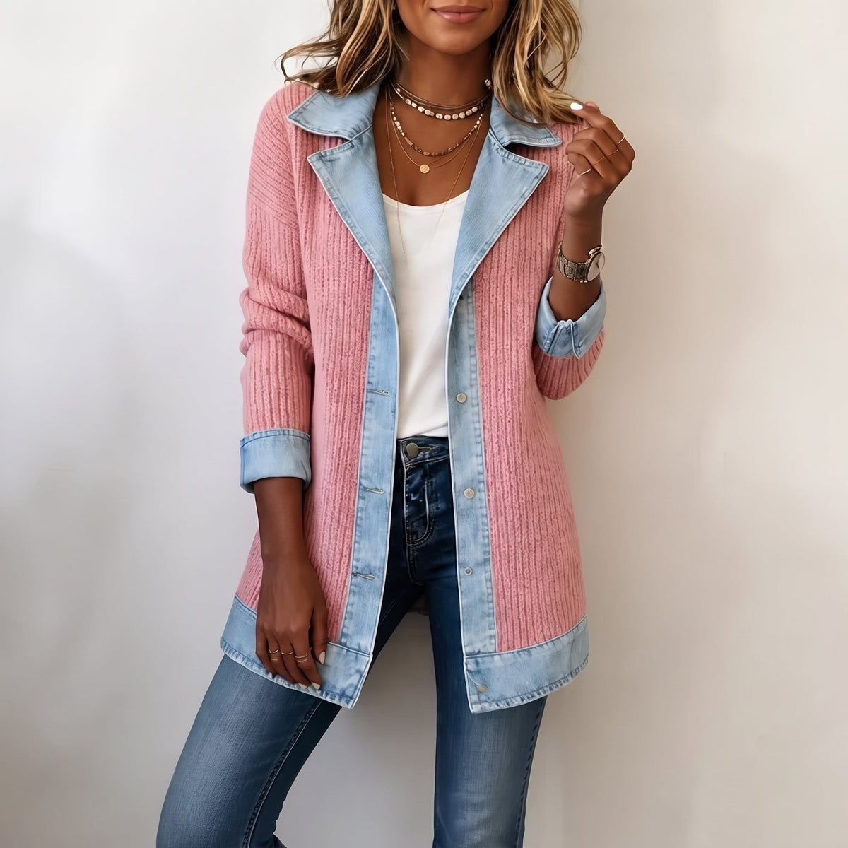Isabelle – Women’s Longline Ribbed Knit Cardigan with Denim Collar Trim - Cardigans - Pink - Sarvento