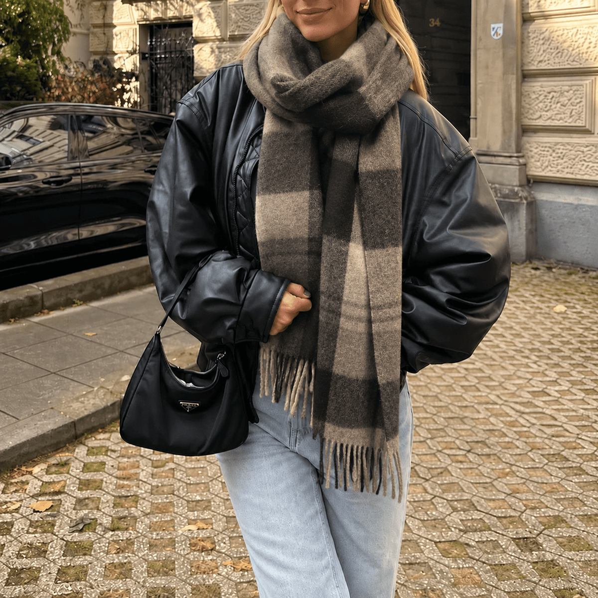 Isabelle – Women’s Oversized Plaid Fringe Wrap Scarf - Scarves & Shawls - Beige - Sarvento