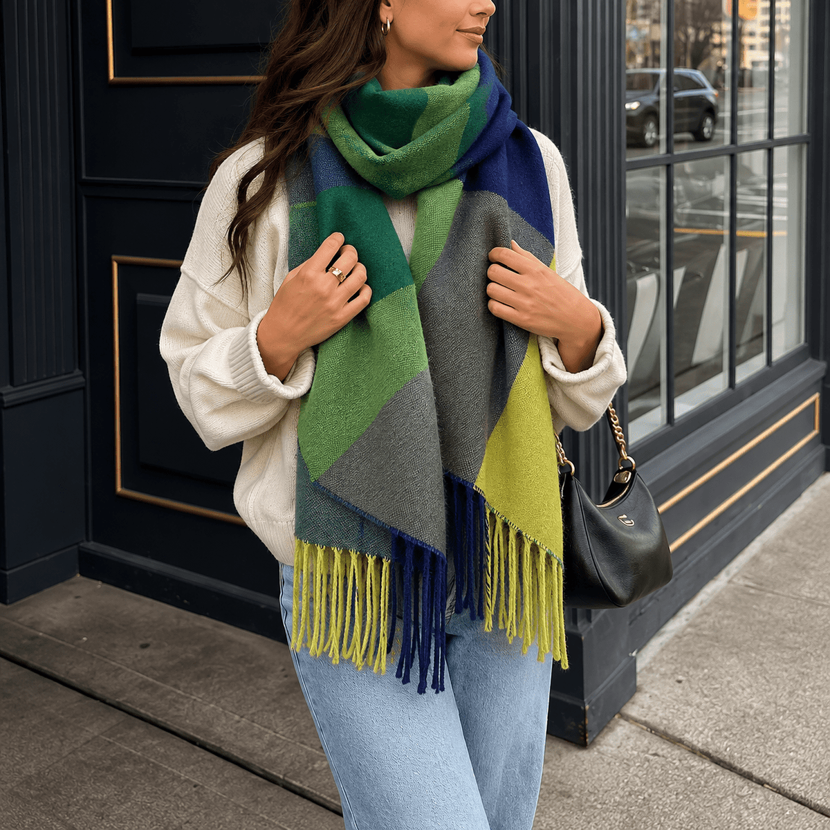 Isabelle – Women’s Oversized Plaid Fringe Wrap Scarf - Scarves & Shawls - Green - Sarvento