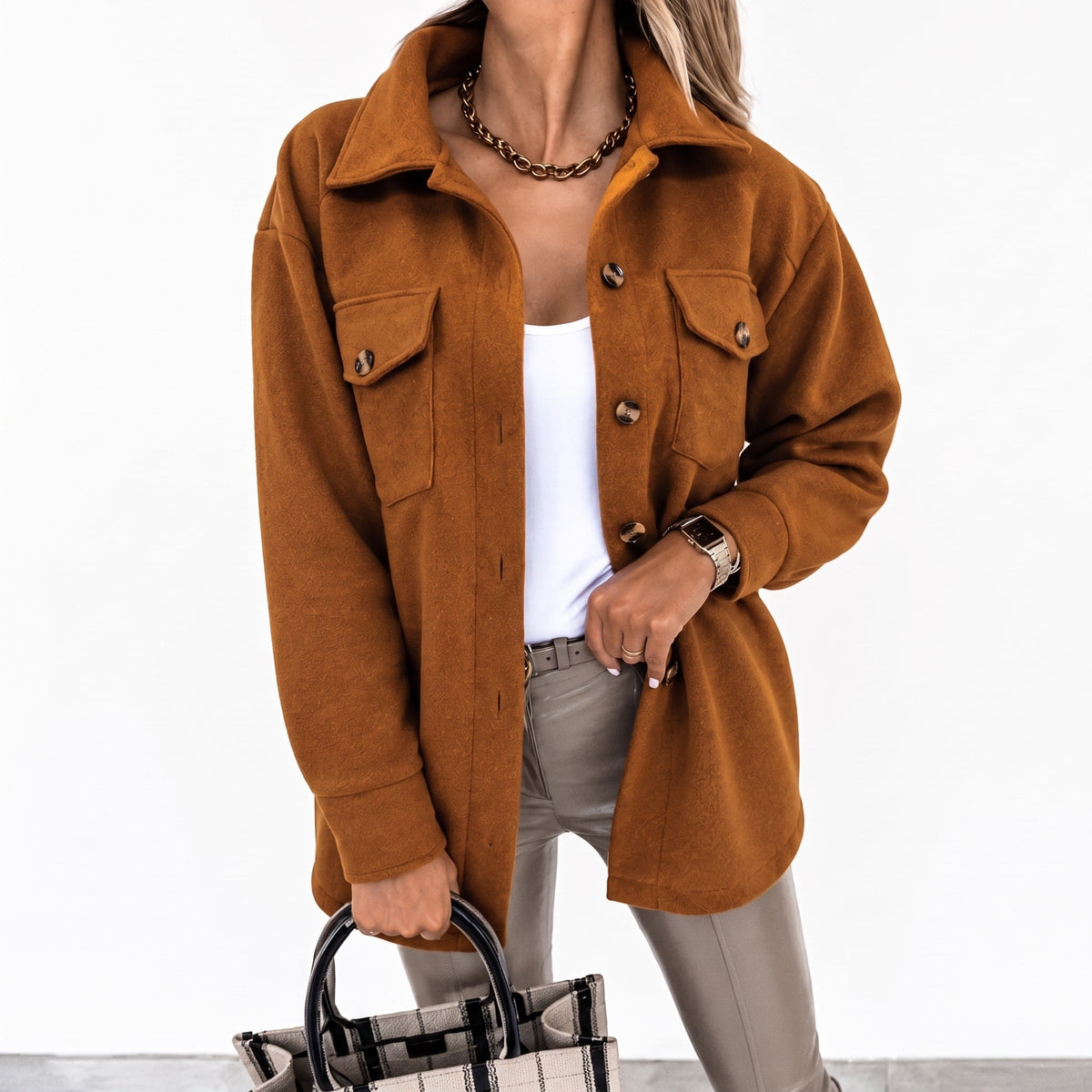 Isabelle - Women's Shirt Jacket with Chest Pockets and Button-Front Closure - Coats & Jackets - Brown - Parker&Brooks