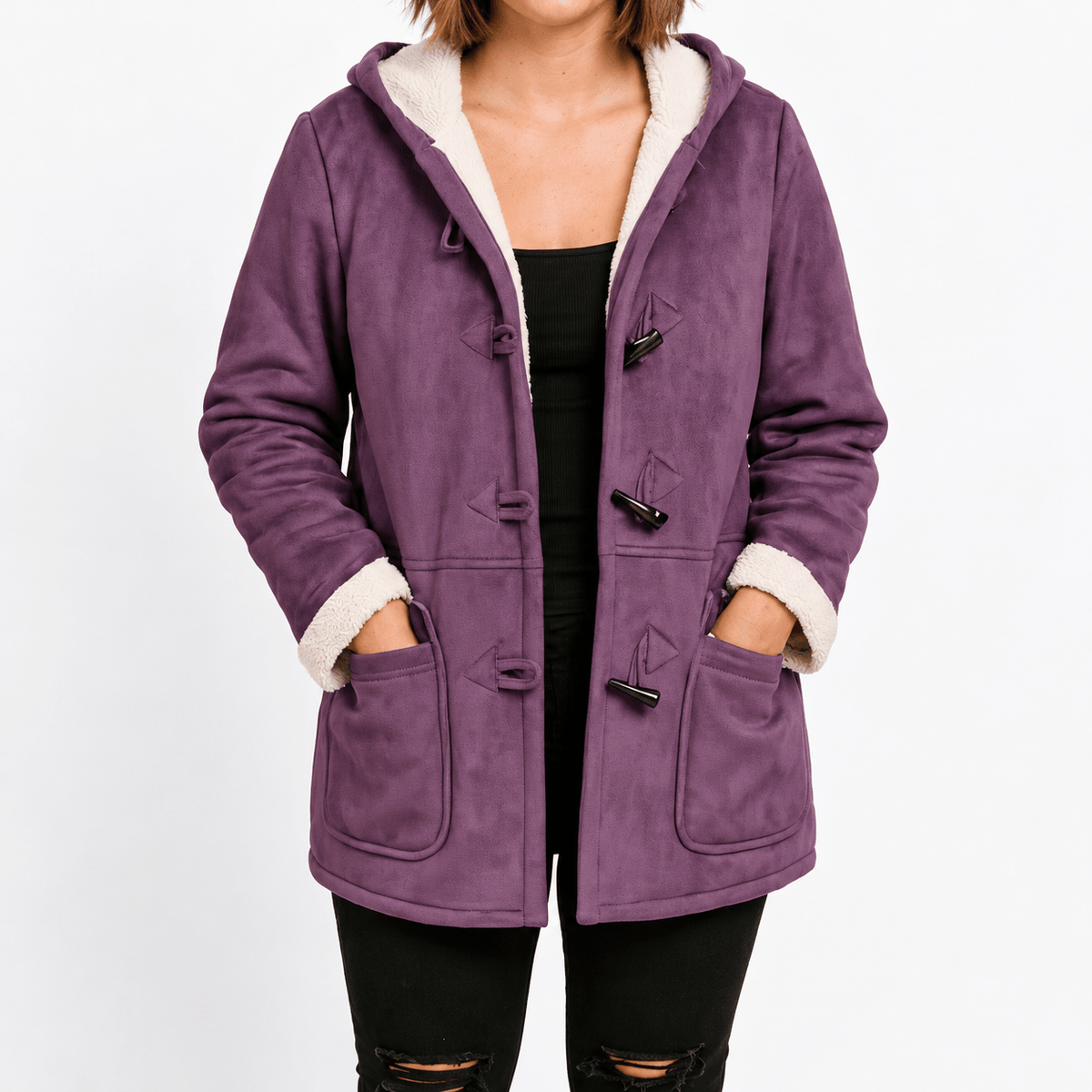 Isla - Women's Hooded Duffle Coat with Toggle Closures and Contrast Lining - Overcoats - Purple - Sarvento