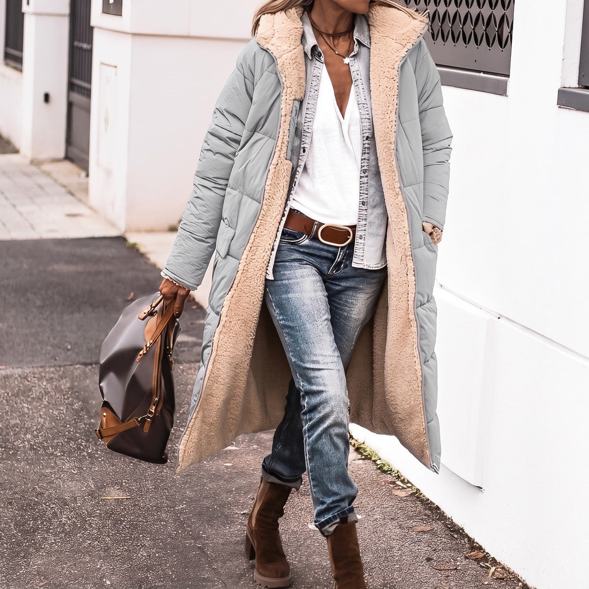 Isla - Women's Longline Puffer Coat with Shawl Collar and Contrast Lining - Coats & Jackets - Gray - Sarvento