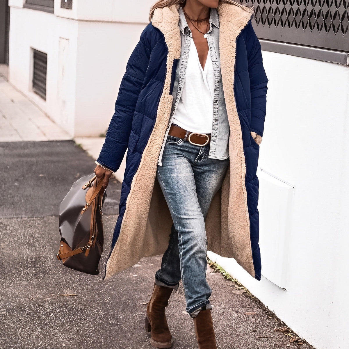Isla - Women's Longline Puffer Coat with Shawl Collar and Contrast Lining - Coats & Jackets - Navy Blue - Sarvento
