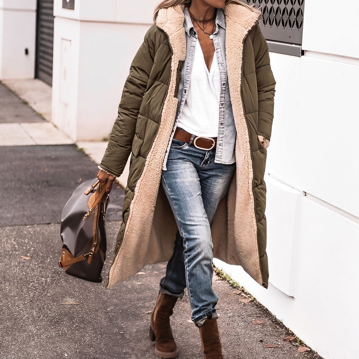 Isla - Women's Longline Puffer Coat with Shawl Collar and Contrast Lining - Coats & Jackets - Army Green - Sarvento