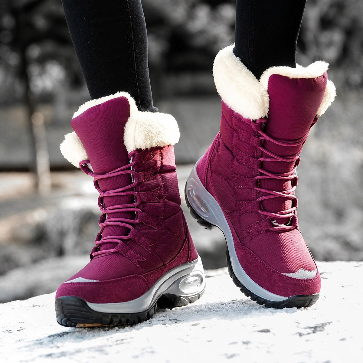Isla - Women's Orthopaedic Lace-Up Mid-Calf Snow Boots with Faux Fur Trim - Boots - Red - Sarvento