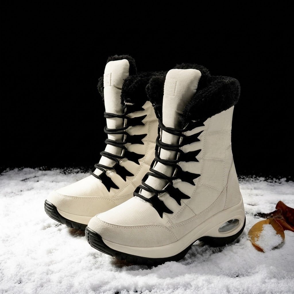 Isla - Women's Orthopaedic Lace-Up Mid-Calf Snow Boots with Faux Fur Trim - Boots - Beige - Sarvento