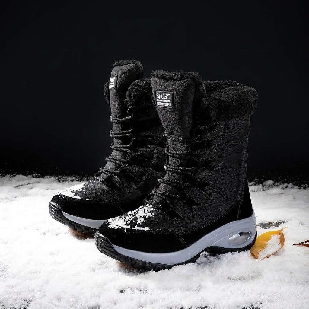Isla - Women's Orthopaedic Lace-Up Mid-Calf Snow Boots with Faux Fur Trim - Boots - Black - Sarvento
