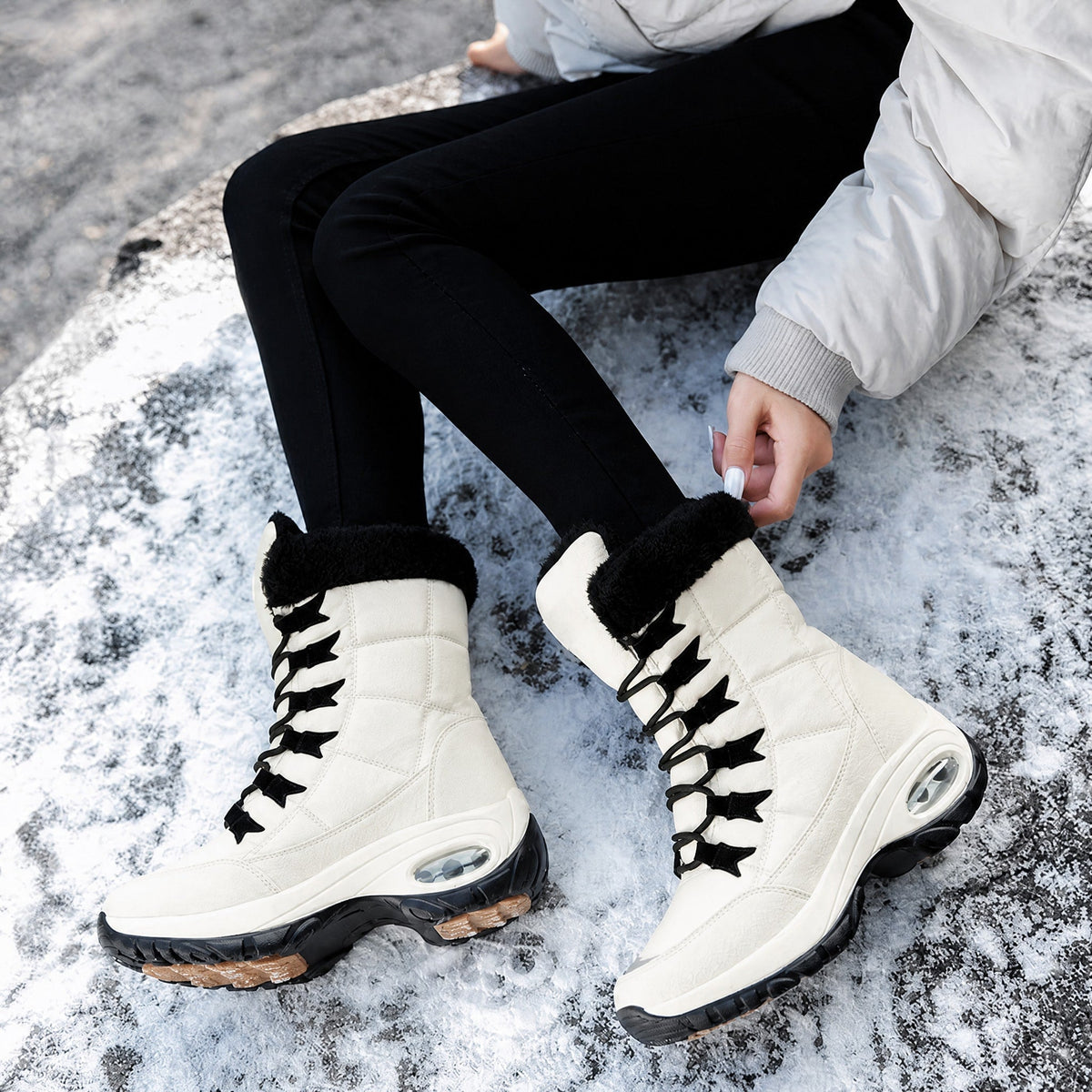 Isla - Women's Orthopaedic Lace-Up Mid-Calf Snow Boots with Faux Fur Trim - Boots - Beige - Sarvento