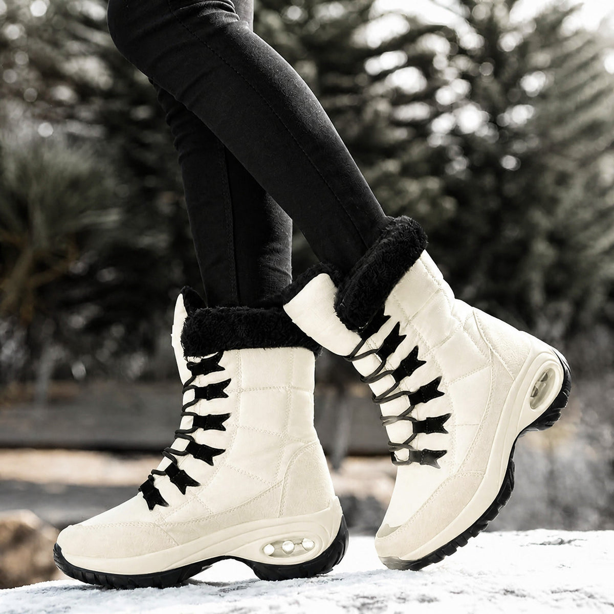 Isla - Women's Orthopaedic Lace-Up Mid-Calf Snow Boots with Faux Fur Trim - Boots - Beige - Sarvento