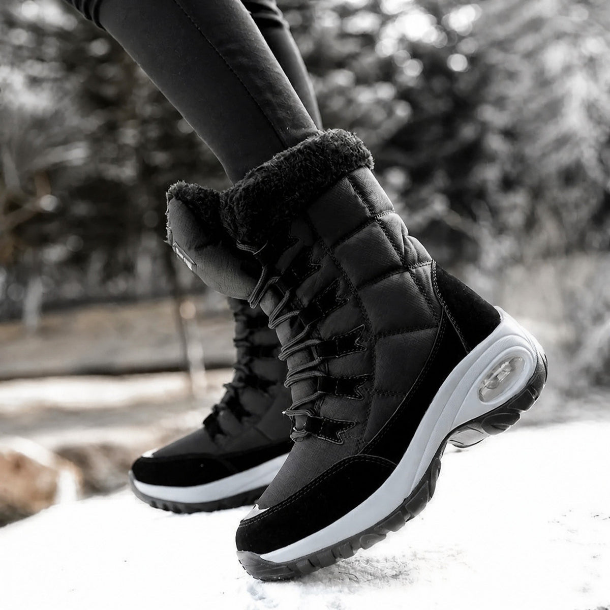 Isla - Women's Orthopaedic Lace-Up Mid-Calf Snow Boots with Faux Fur Trim - Boots - Black - Sarvento