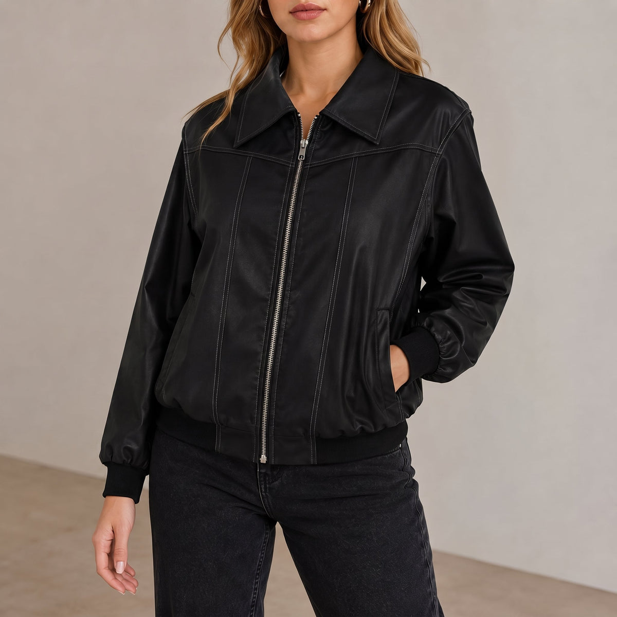 Isla - Women's Oversized Cropped Jacket with Contrast Stitching - Coats & Jackets - Black - Parker&Brooks