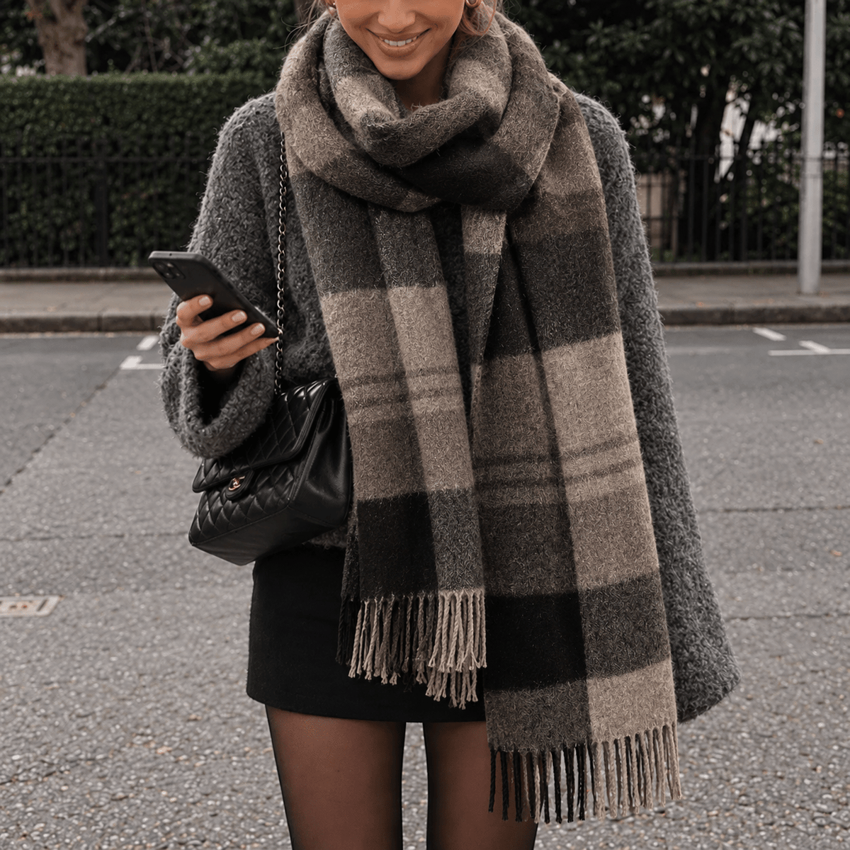 Isla – Women’s Oversized Plaid Fringed Blanket Scarf - Scarves & Shawls - Beige - Sarvento